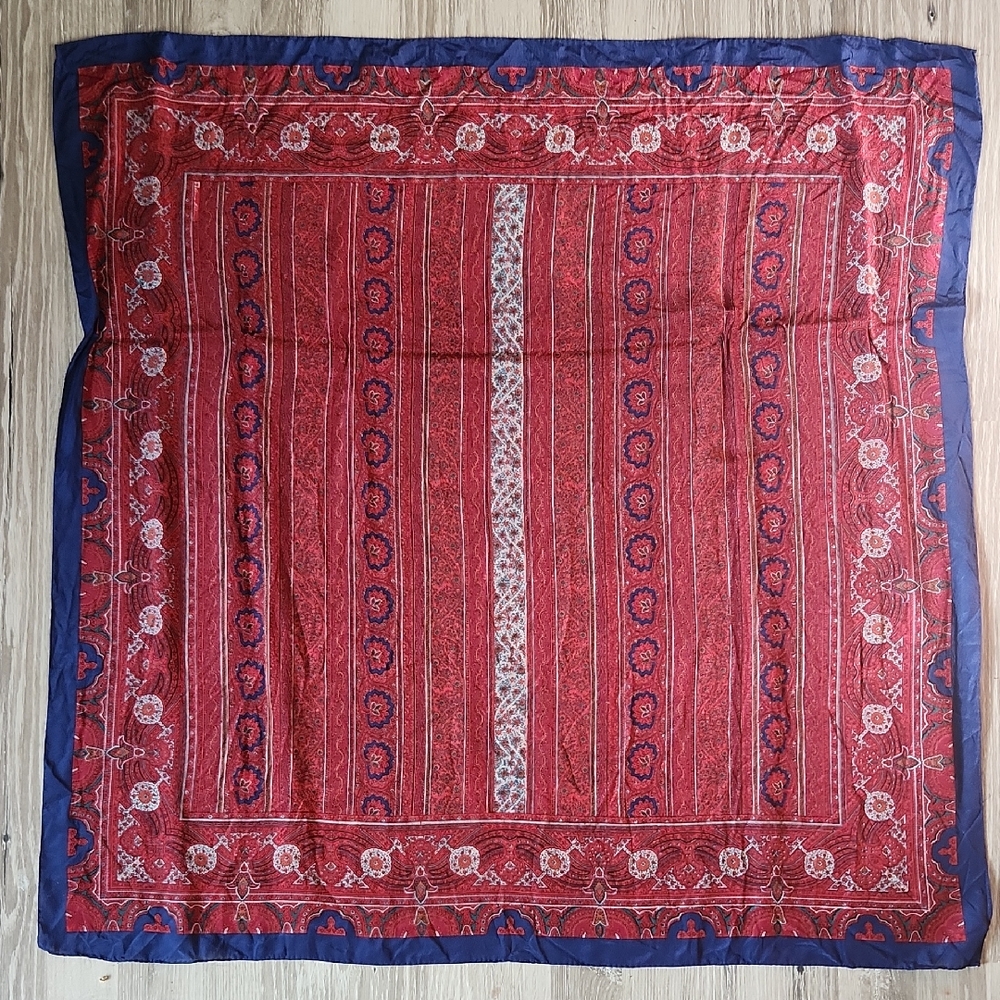 Vintage Anne Klein Pure Silk -Red and Navy Paisley Square Scarf